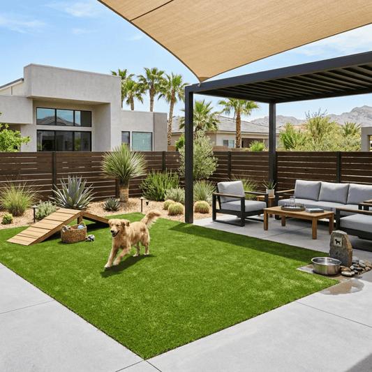 Dog relaxing on clean artificial turf lawn